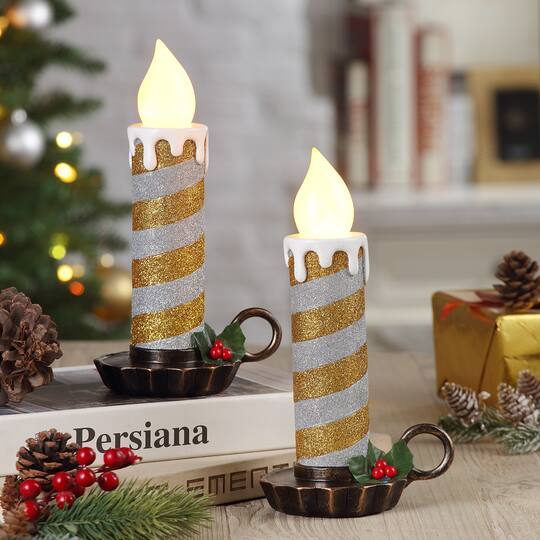 10" Gold & Silver Flickering LED Glittery Striped Candles, 2ct.